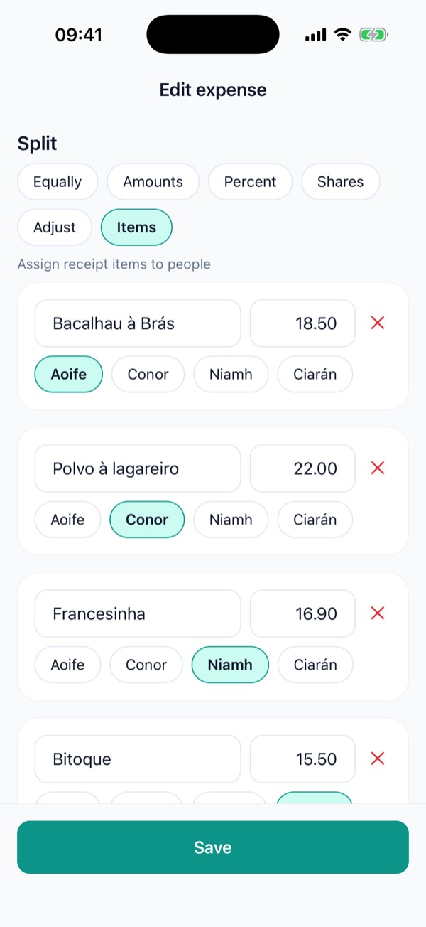 Receipt items assigned to people