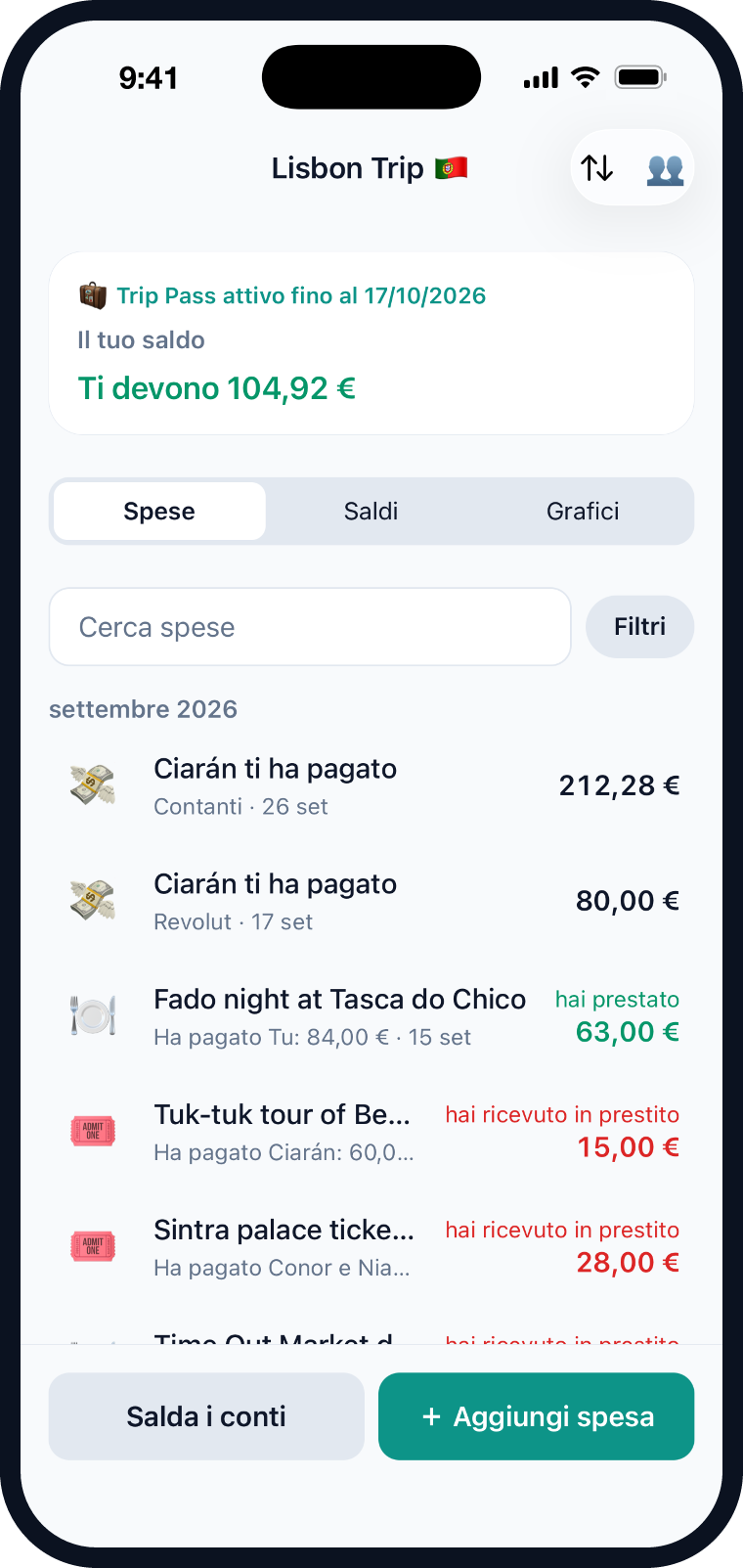Evenlo con un gruppo per un viaggio a Lisbona, con spese e saldi