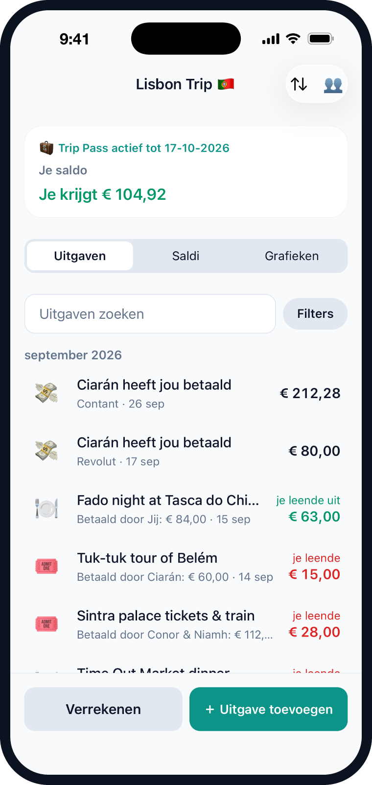 Evenlo met een reisgroep voor Lissabon, met uitgaven en saldi