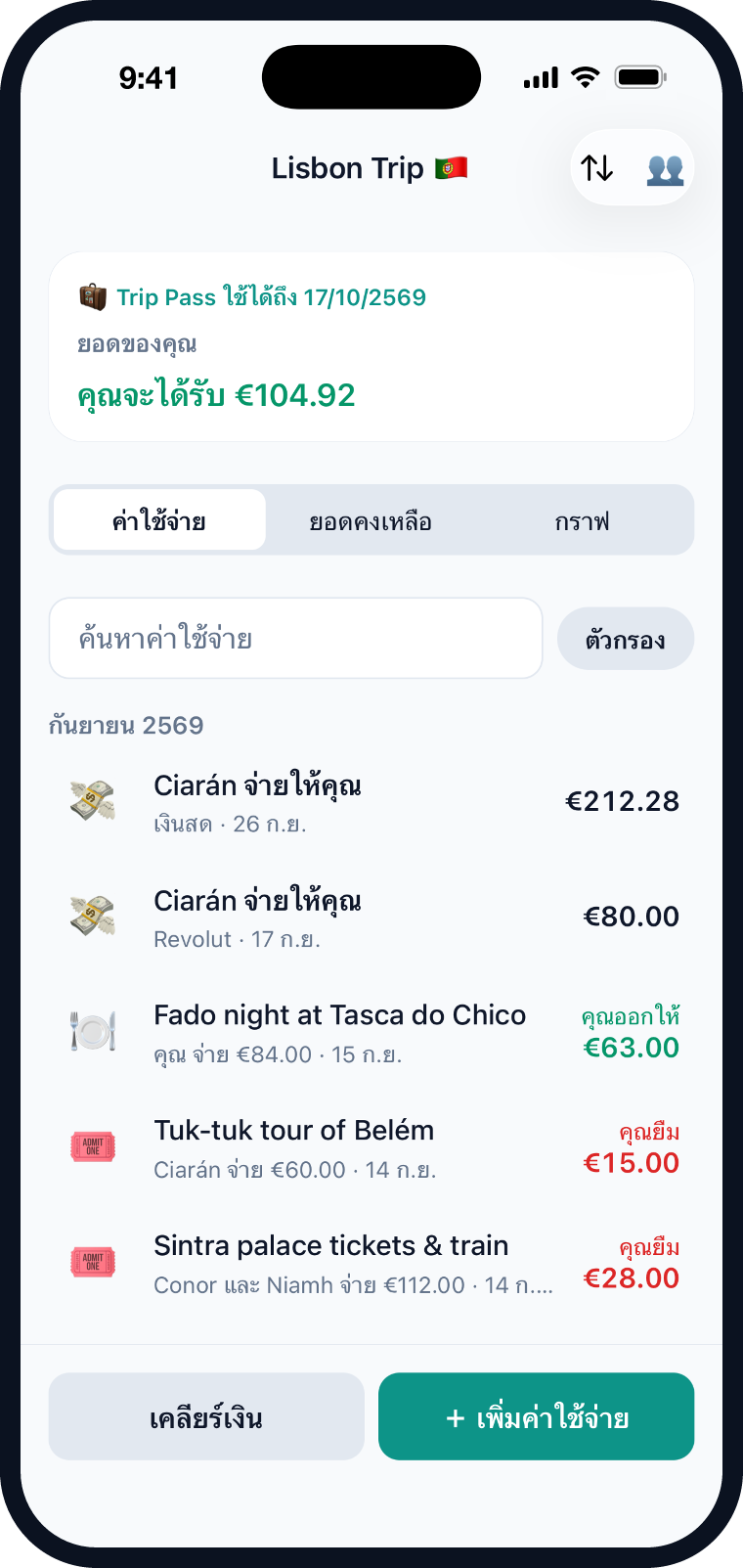 Evenlo แสดงกลุ่มทริปลิสบอนพร้อมค่าใช้จ่ายและยอดคงเหลือ